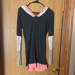 Women's Charcoal Long Sleeve V-Neck Tunic with Pink Trim